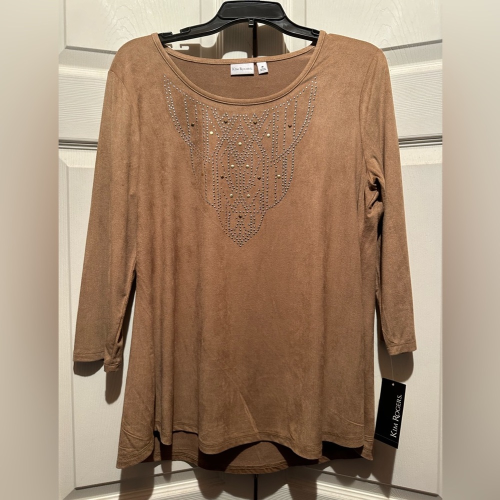 Tan Medium Kim Rogers top with suede feel material.
